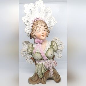 Antique Victorian Era Porcelain Bisque Woman In Bonnet